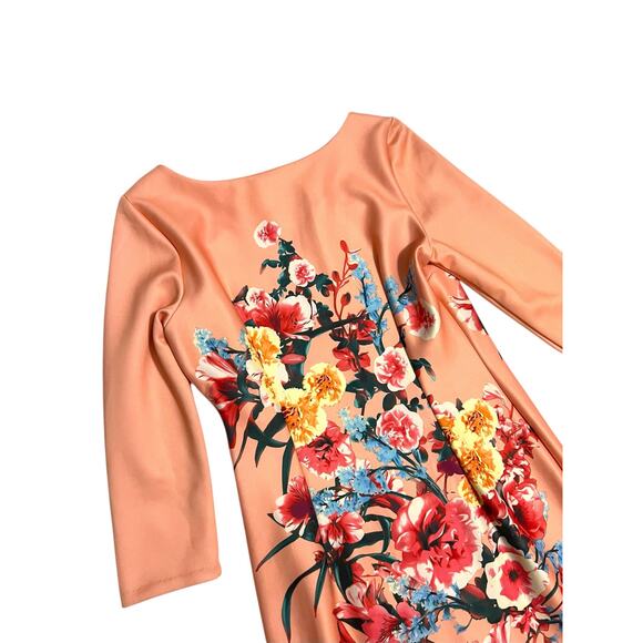 Beige by Eci Peach Spring Floral Midi Straight Pencil Dress 3/4 Sleeve Size 8 - Picture 9 of 15